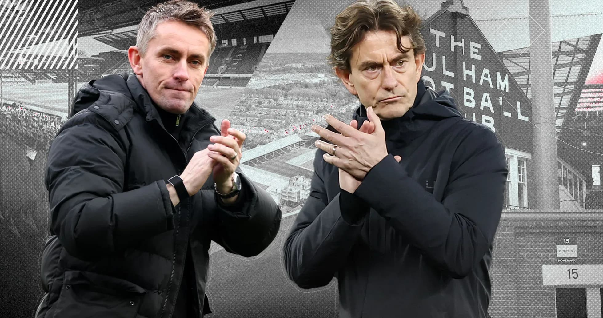 Two football managers clapping on the sidelines
