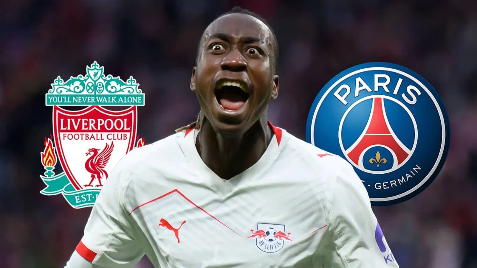 Player celebrating with club logos of Liverpool and PSG