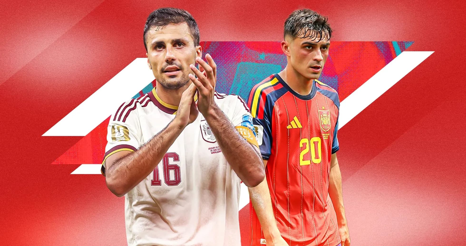 Two soccer players in national team jerseys