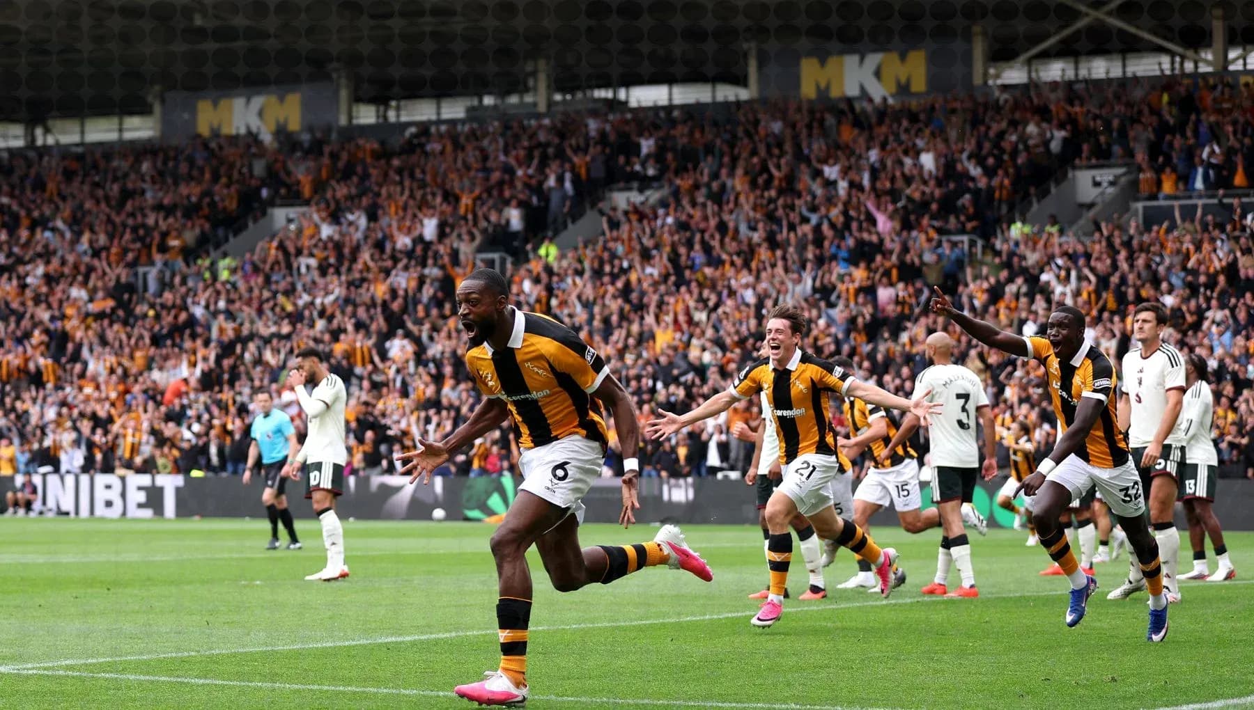 Player celebrating goal with teammates and crowd