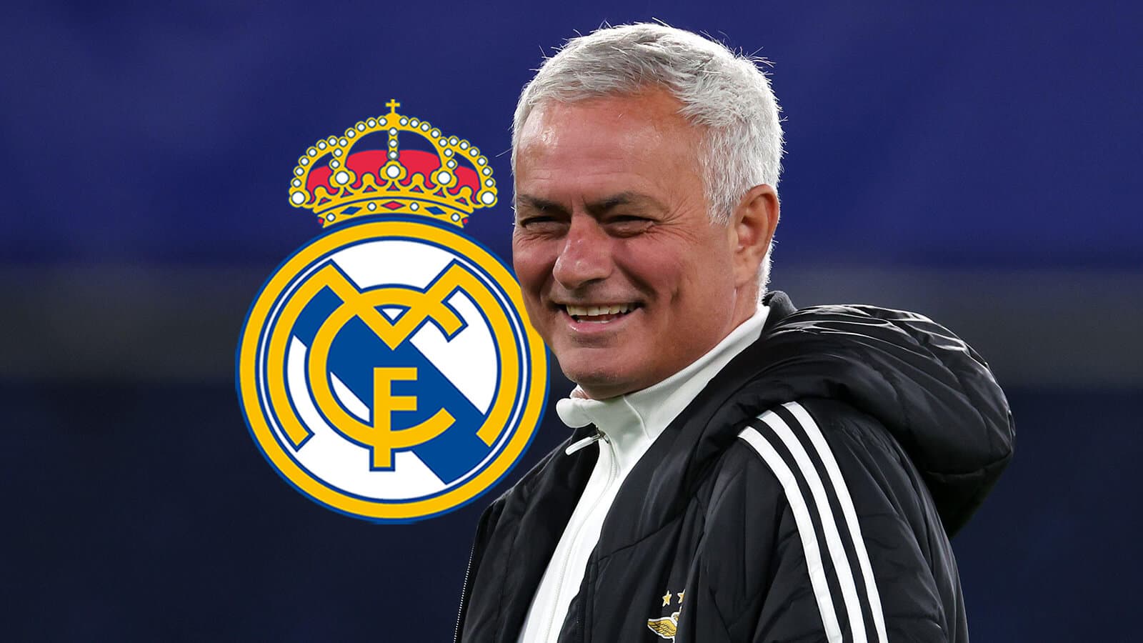 Jose Mourinho smiling with Real Madrid logo background