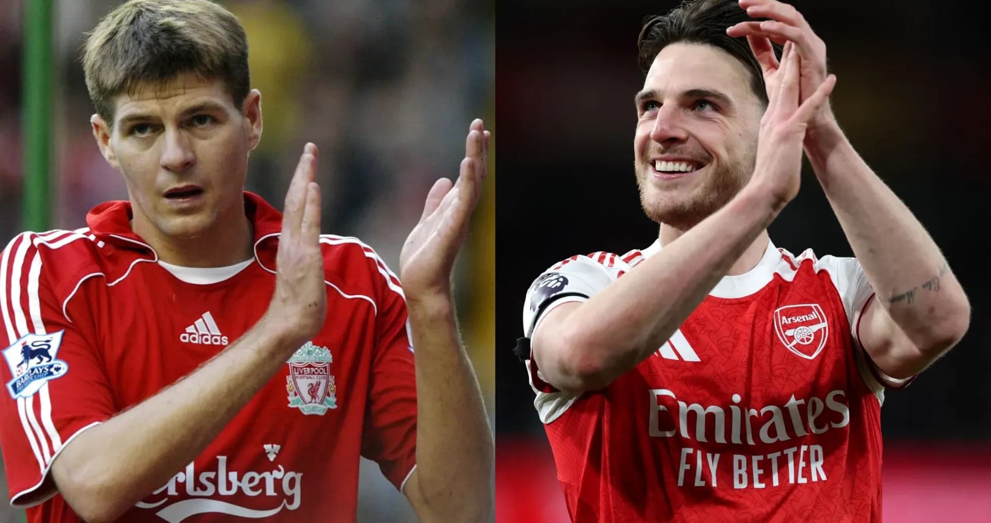Two football players applauding fans after match