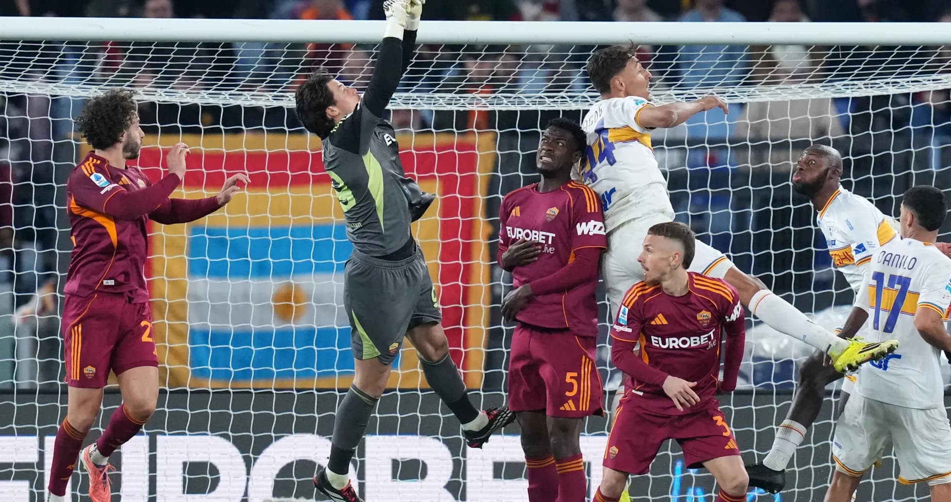 Goalkeeper making a save during Lecce vs AS Roma