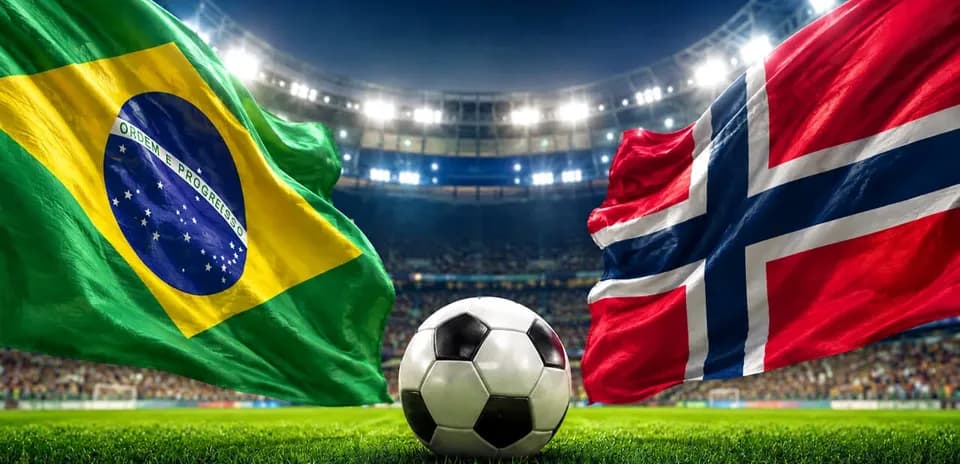 Brazil and Norway flags with soccer ball