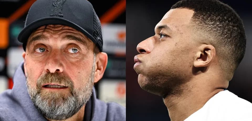 Jurgen Klopp and Kylian Mbappe in profile views