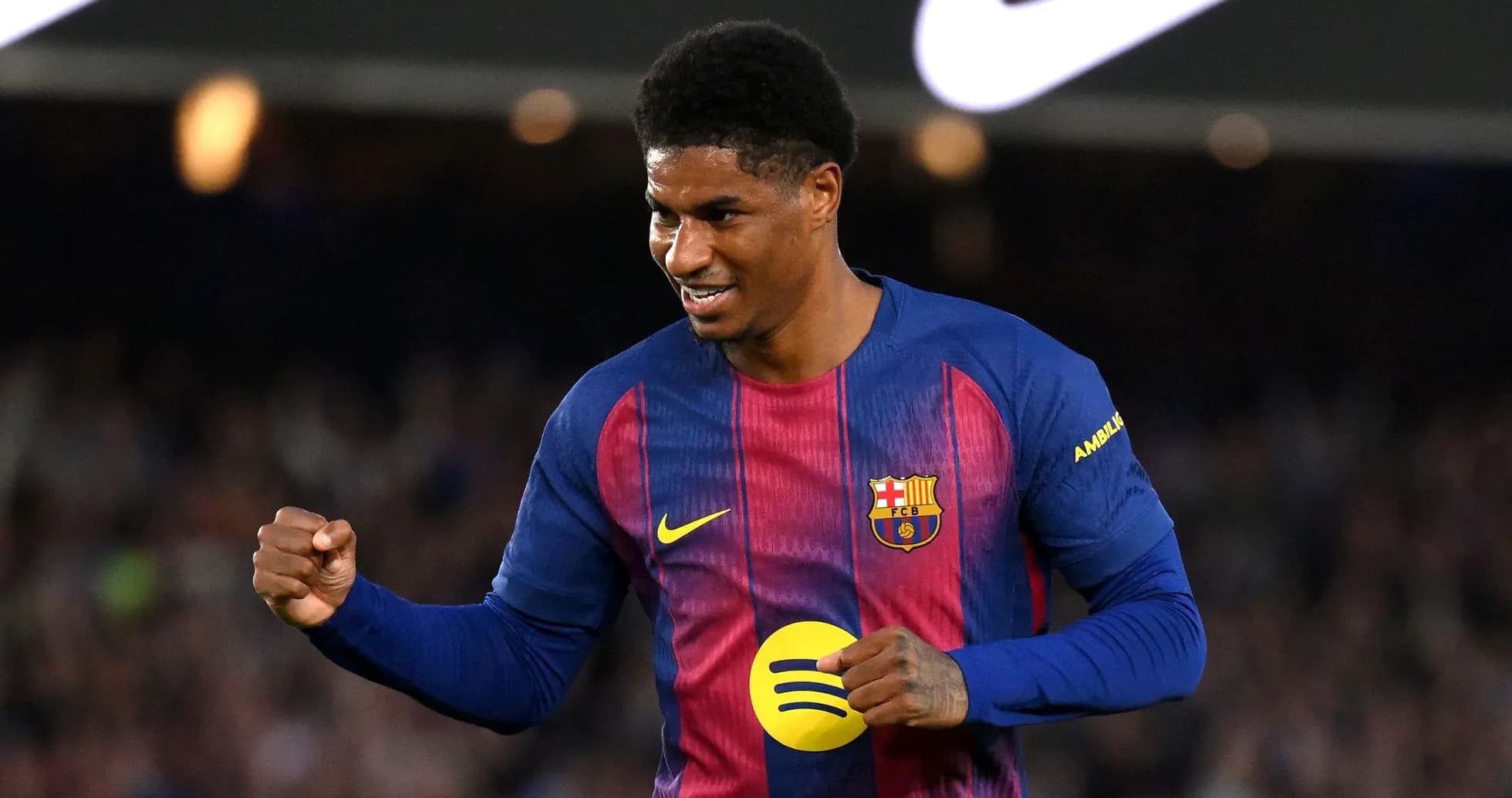 Player celebrating a goal in Barcelona jersey