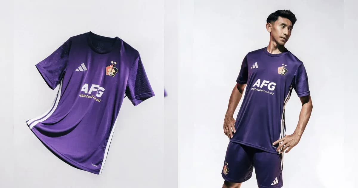 Purple football jersey displayed with player wearing it