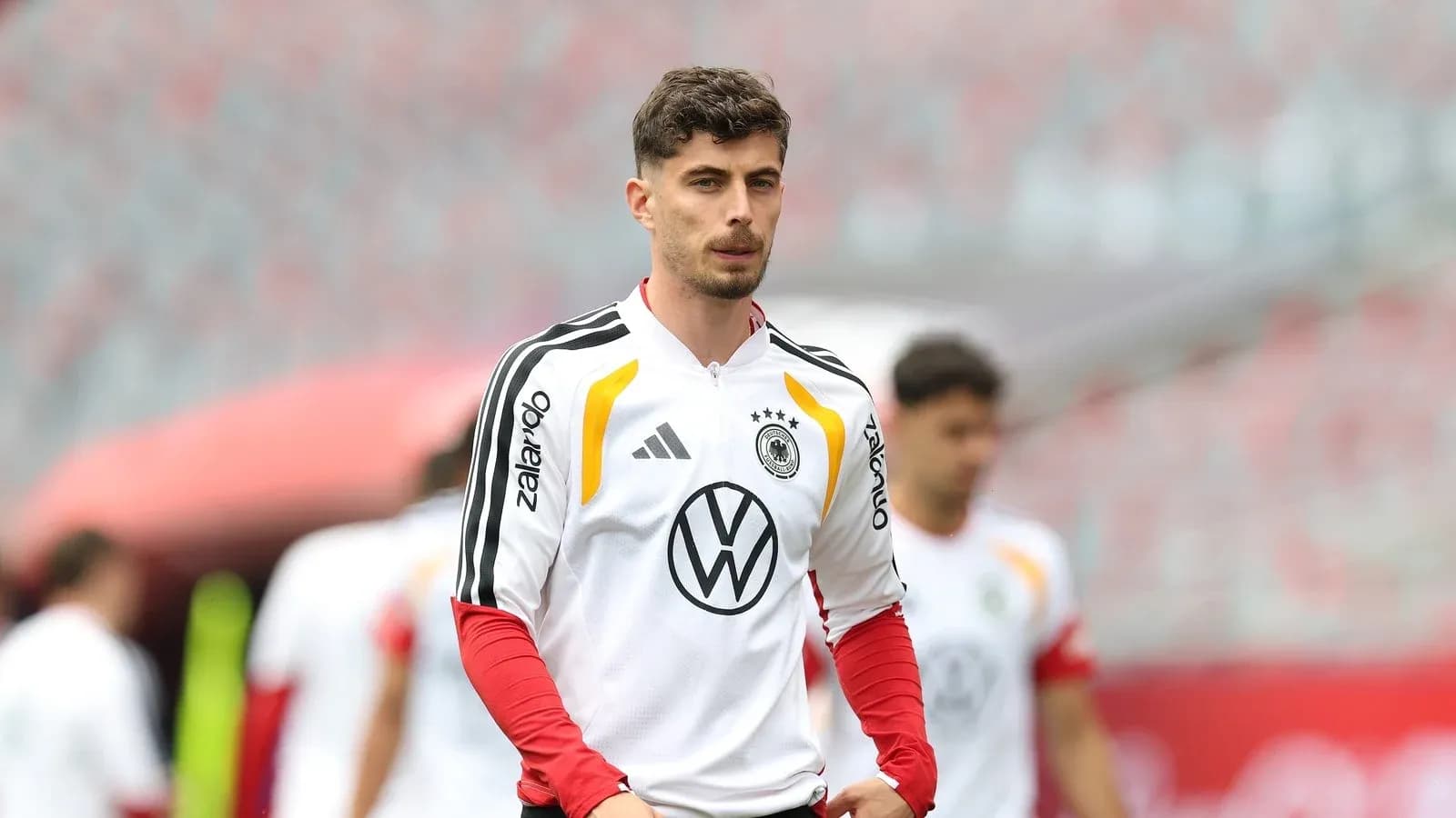 Player in Germany training kit during warm-up session