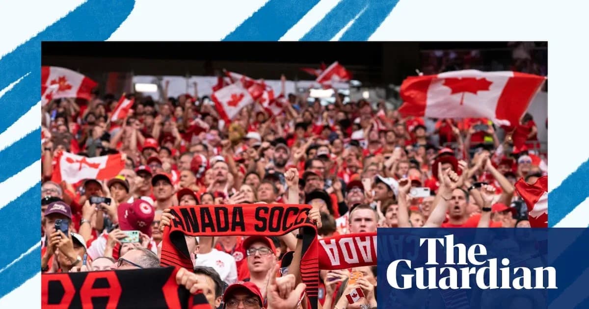 Canada soccer fans cheering with flags in stadium