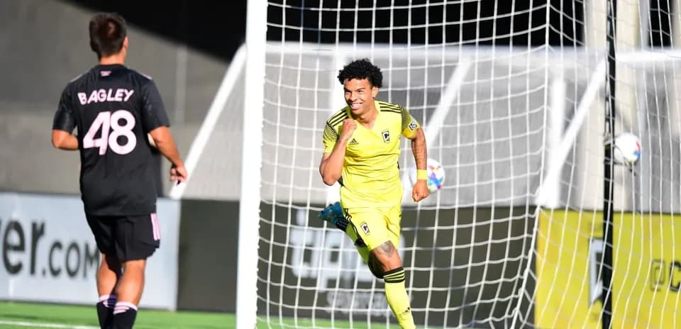 Player celebrating a goal during Columbus Crew II match
