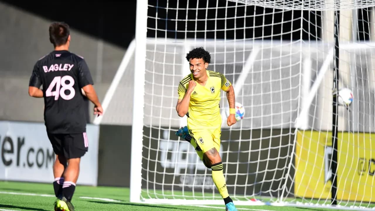 Player celebrating a goal during Columbus Crew II match