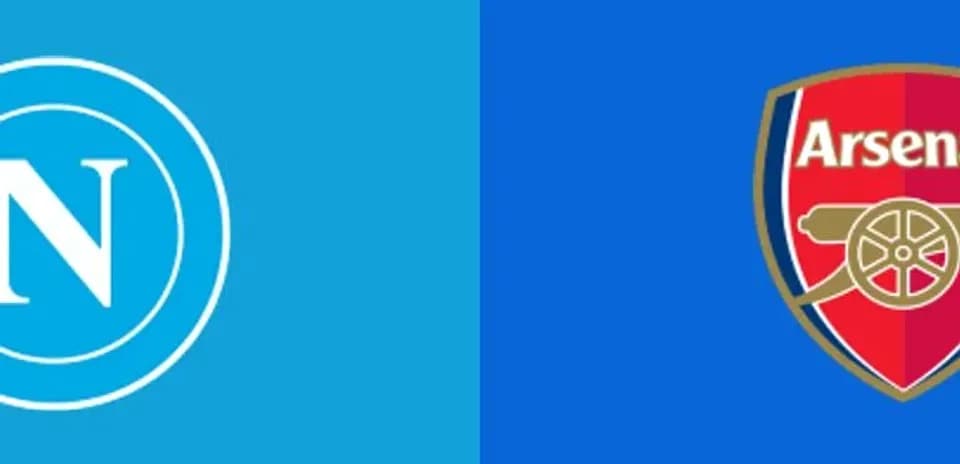 Napoli and Arsenal club logos on blue background