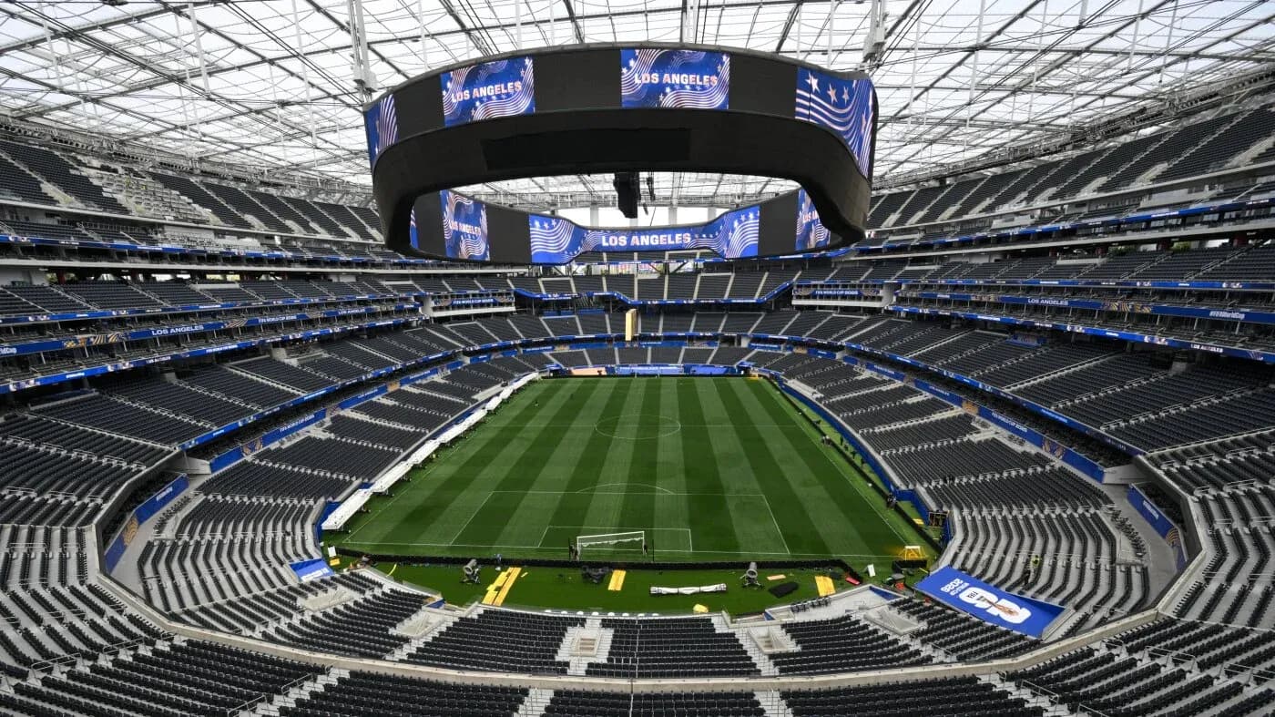 Empty stadium view with Los Angeles signage above field