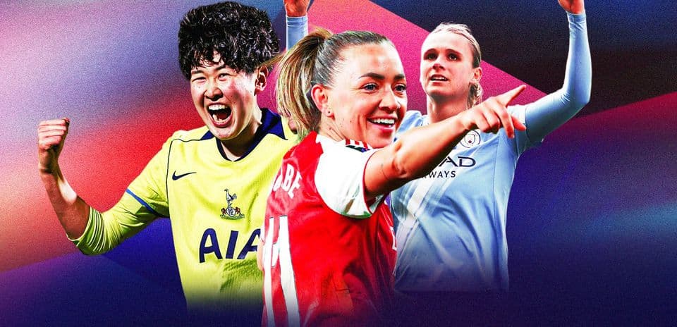 Three female football players celebrating during match