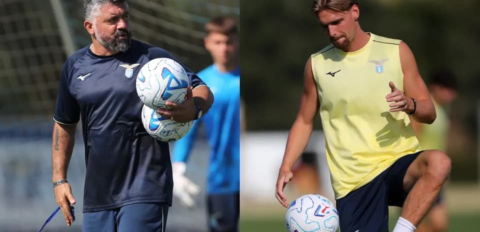 Coach and player training with footballs at Lazio session