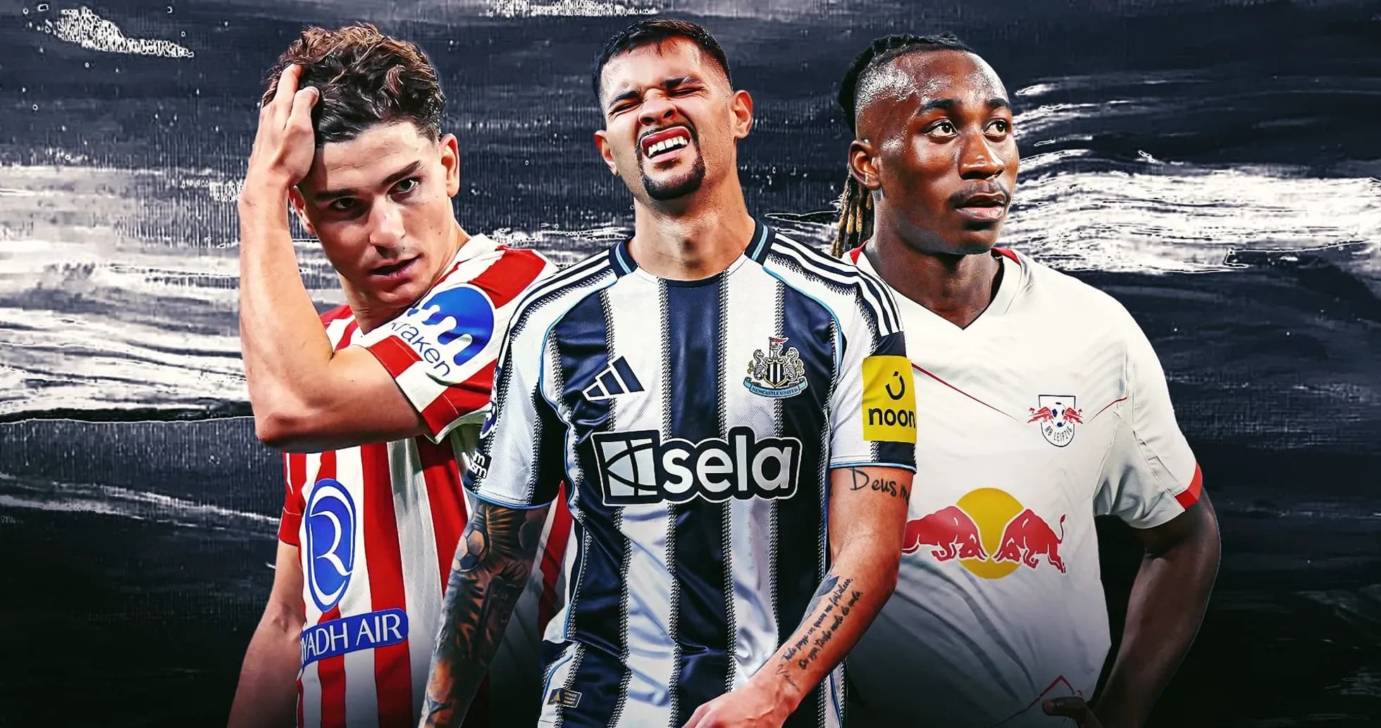 Three football players in club jerseys posing together