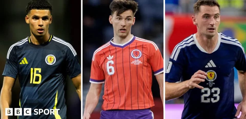 Three Scottish football players in different jerseys