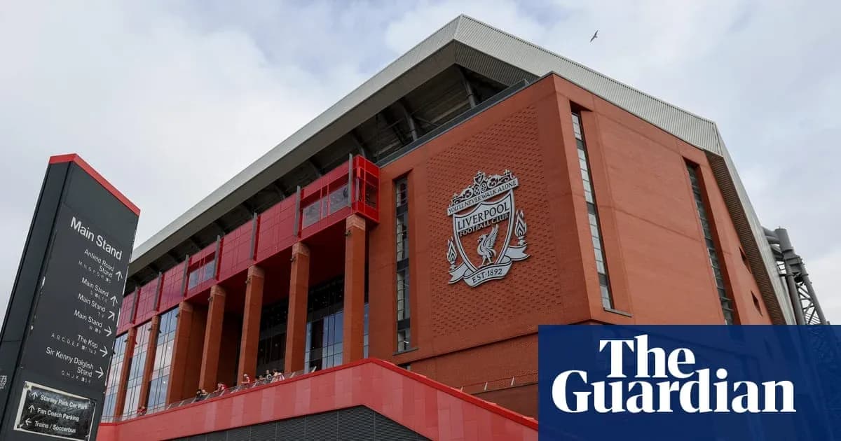 Exterior view of Anfield Stadium with Liverpool FC logo