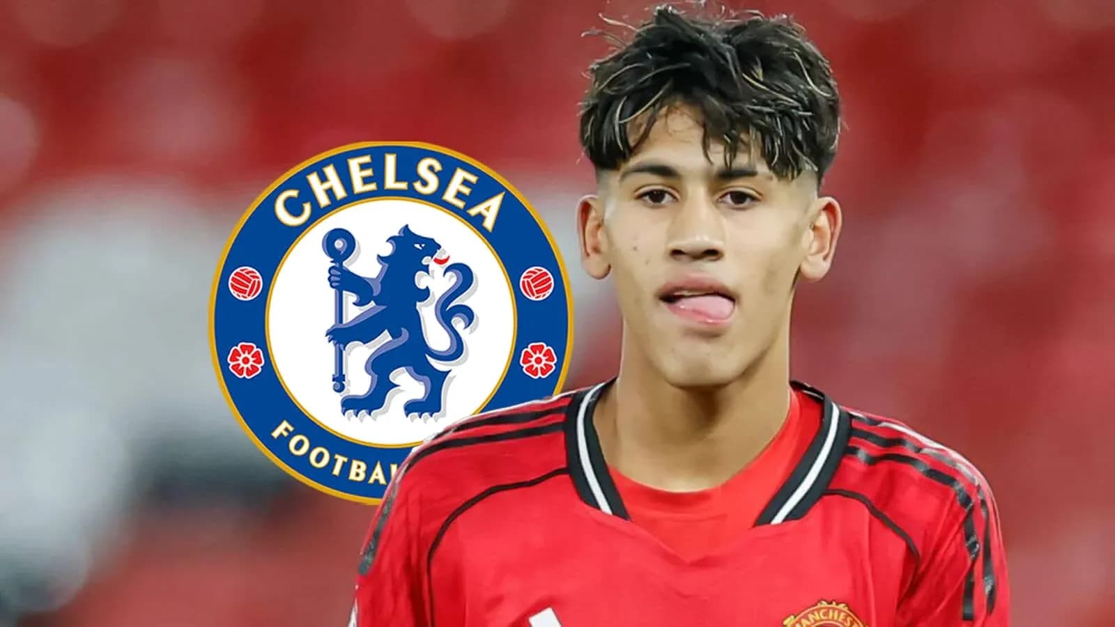 Player in red jersey with Chelsea logo background Player in red jersey with Chelsea logo background