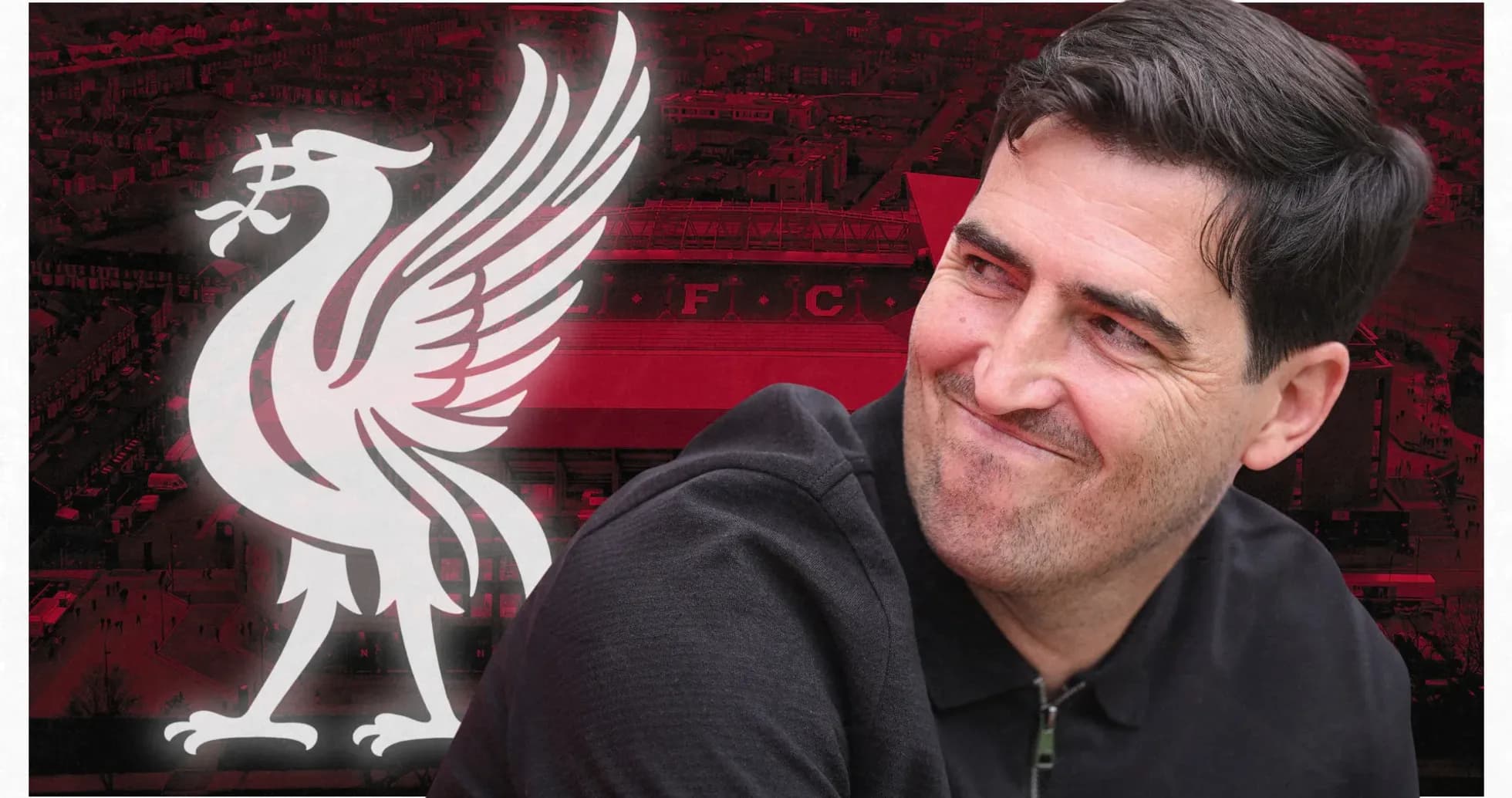 Man smiling with Liverpool FC logo background Man smiling with Liverpool FC logo background