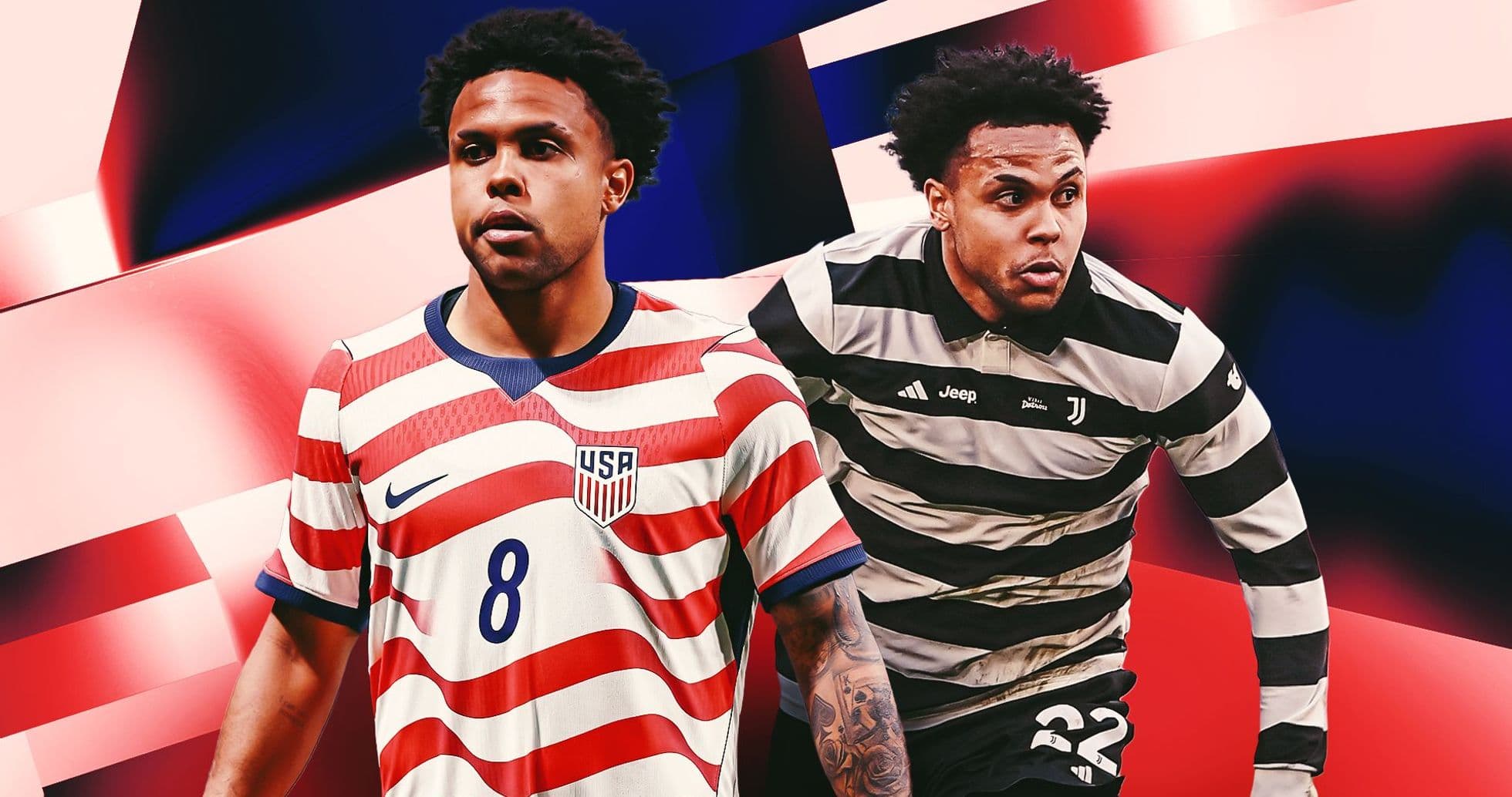 Player in USA and Juventus jerseys side by side Player in USA and Juventus jerseys side by side