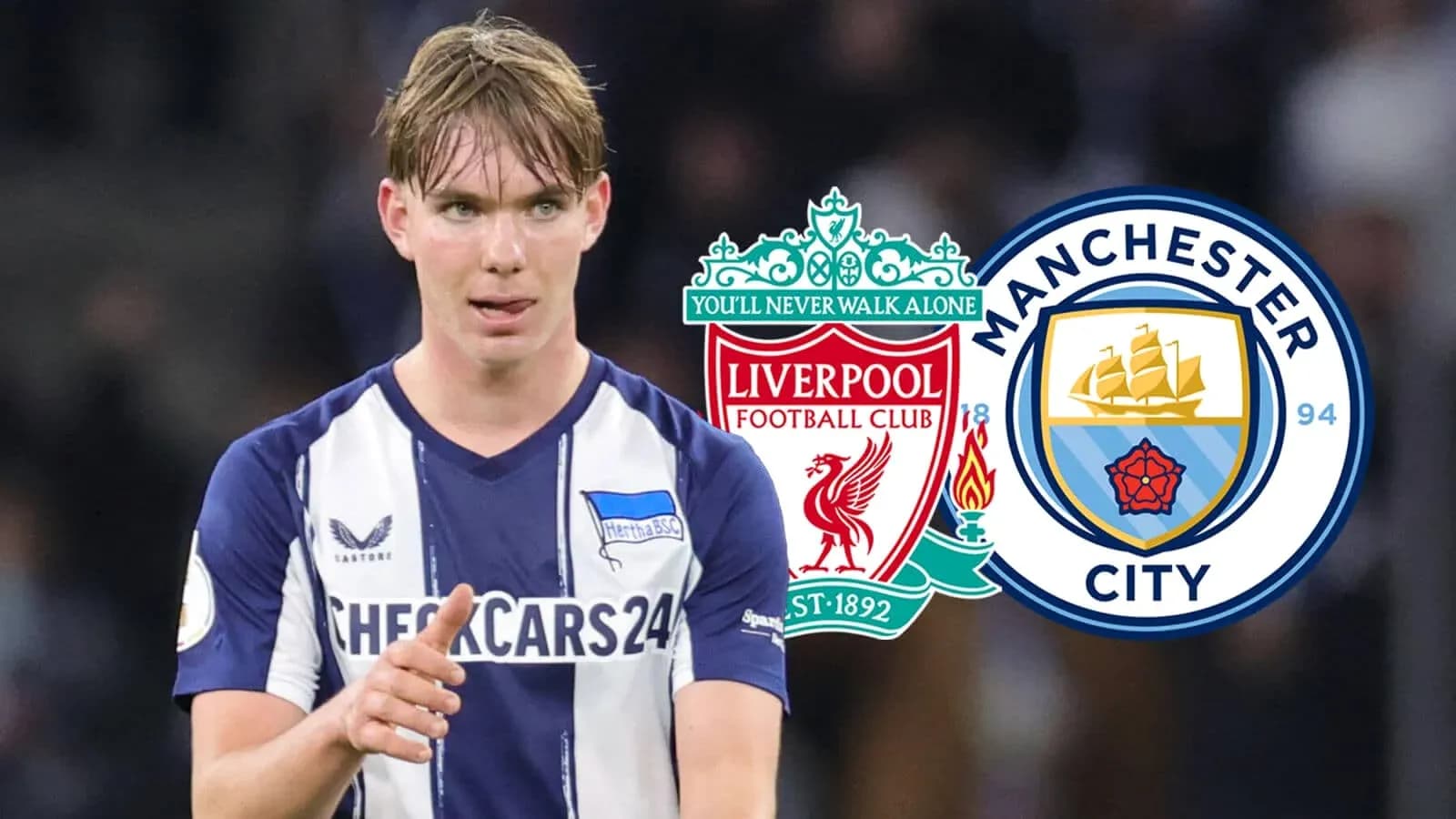 Player gesturing with Liverpool and Manchester City logos Player gesturing with Liverpool and Manchester City logos