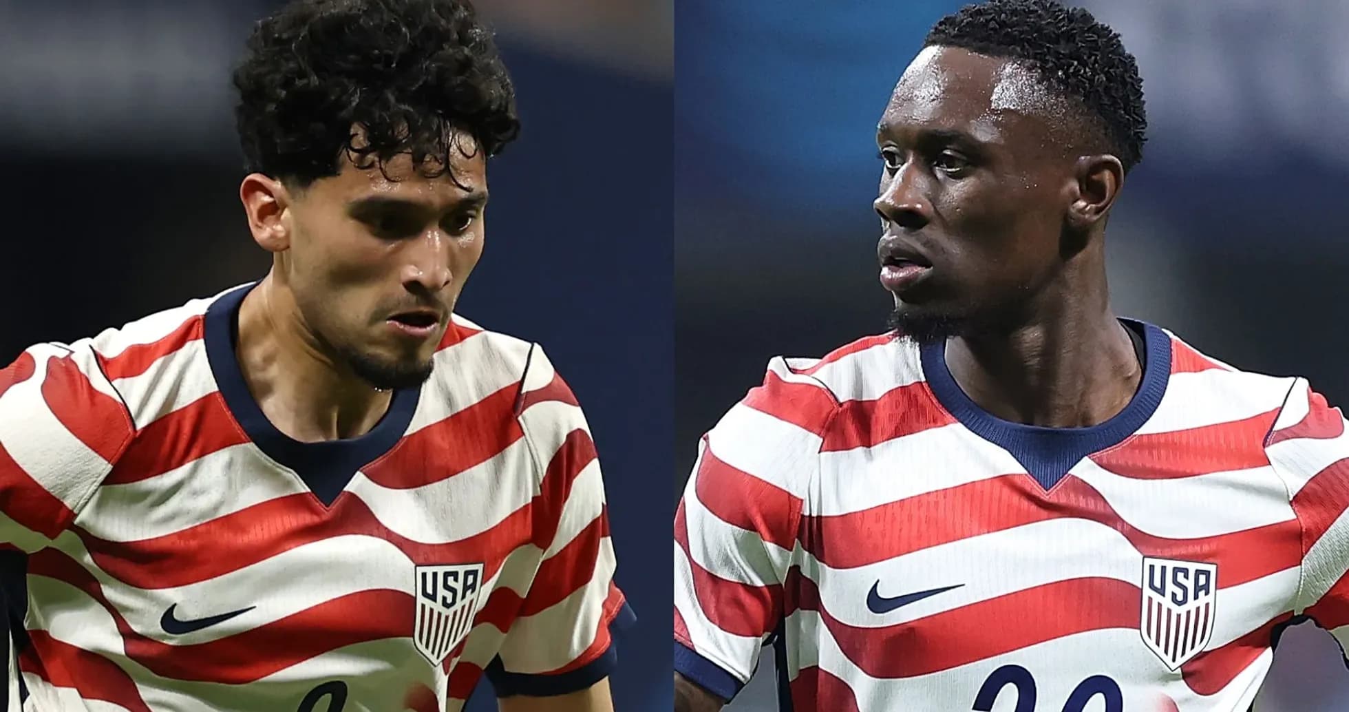 Two USA soccer players in red and white striped jerseys Two USA soccer players in red and white striped jerseys