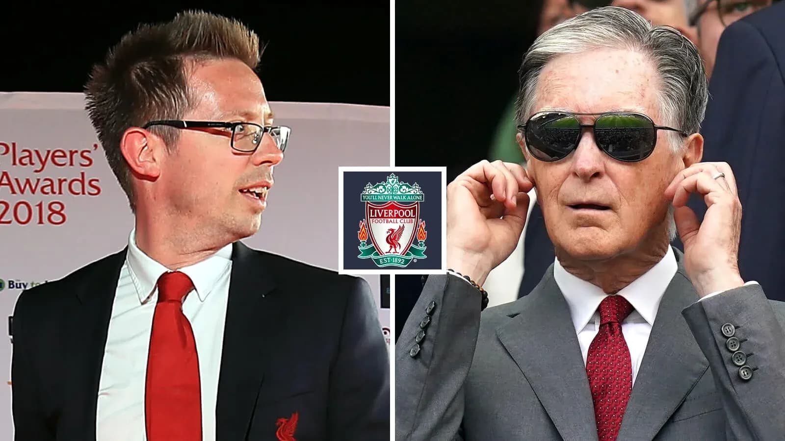 Two men at Liverpool FC event, logo in center Two men at Liverpool FC event, logo in center