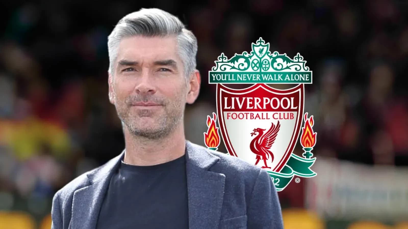 Man standing with Liverpool FC logo in background Man standing with Liverpool FC logo in background