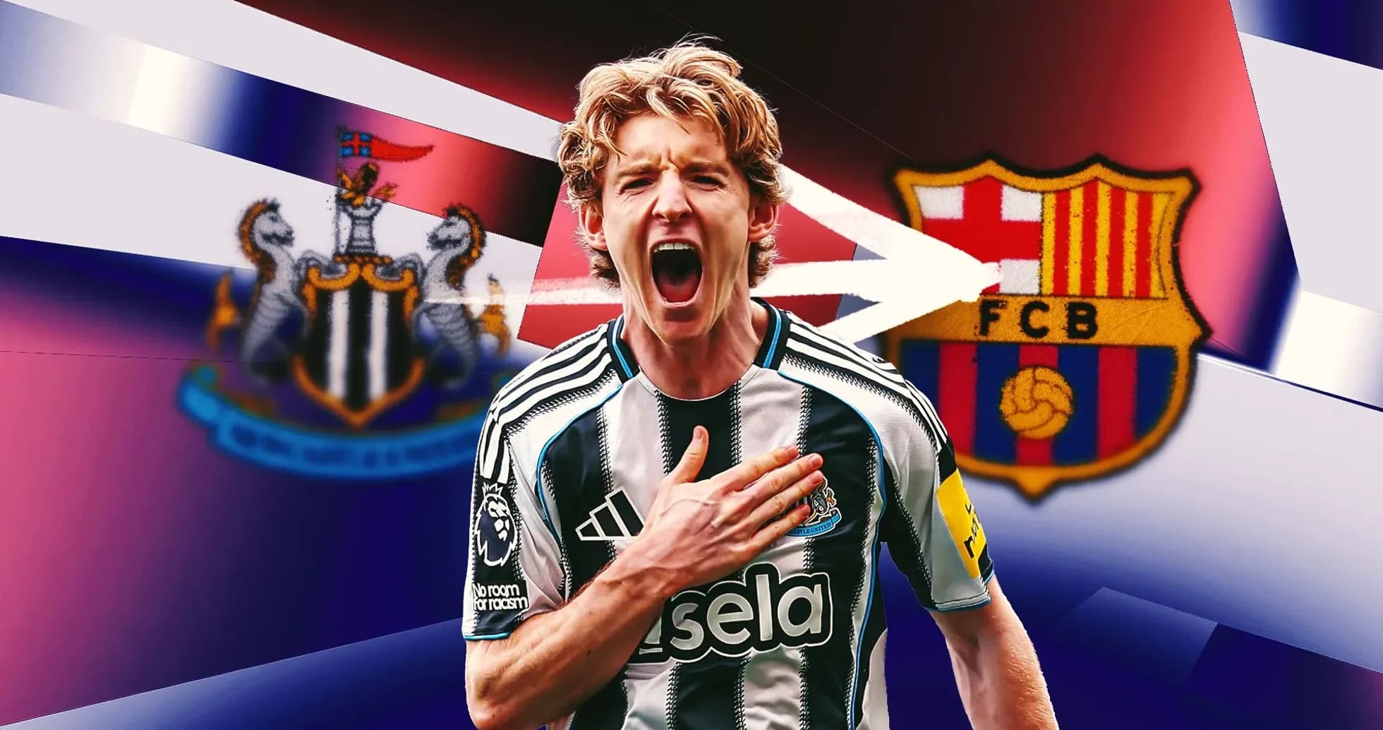 Player celebrating with Newcastle and Barcelona logos behind Player celebrating with Newcastle and Barcelona logos behind