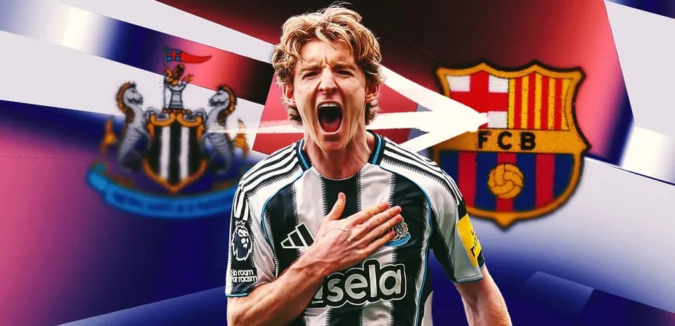 Player celebrating with Newcastle and Barcelona logos behind Player celebrating with Newcastle and Barcelona logos behind