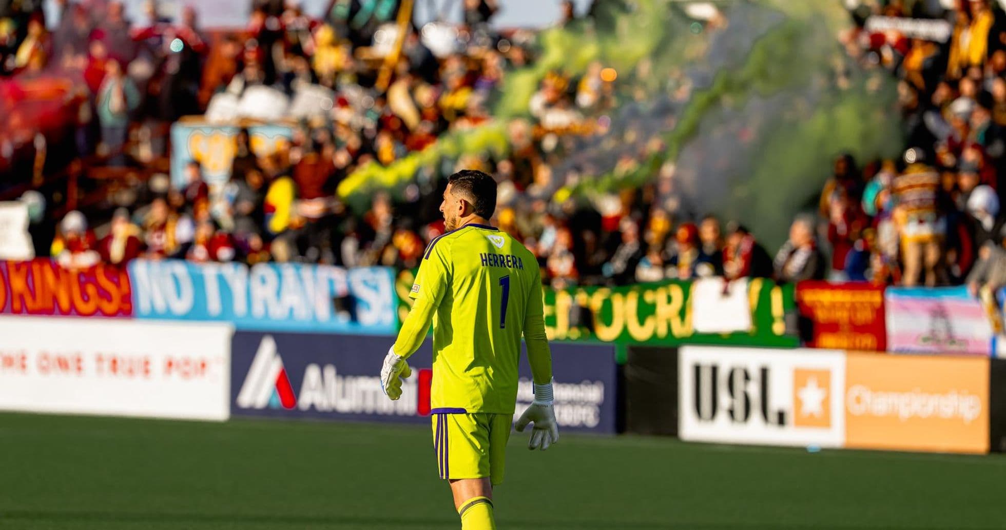 Goalkeeper Herrera during match with fans cheering Goalkeeper Herrera during match with fans cheering