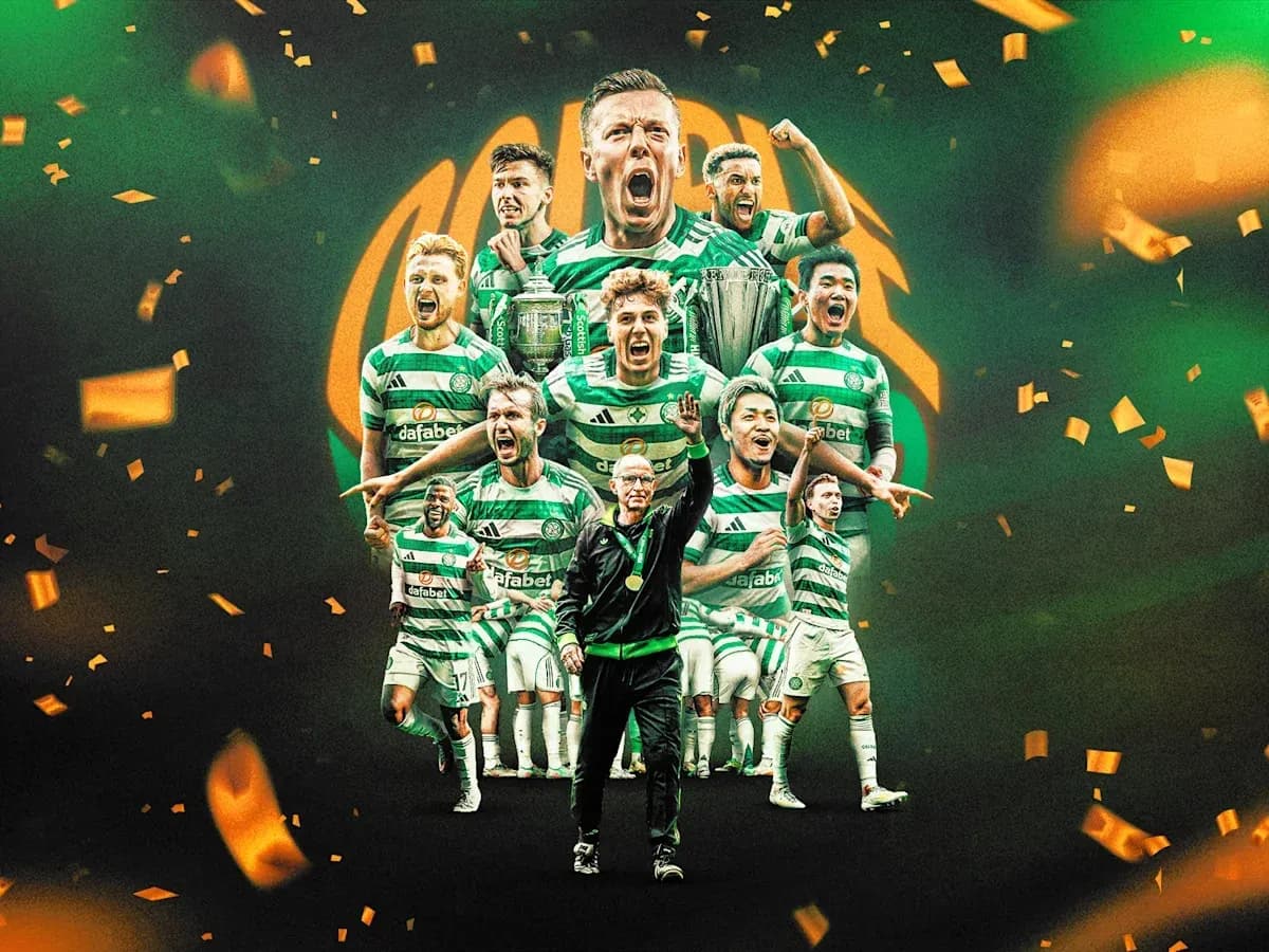 Celtic players celebrating with trophies and confetti Celtic players celebrating with trophies and confetti