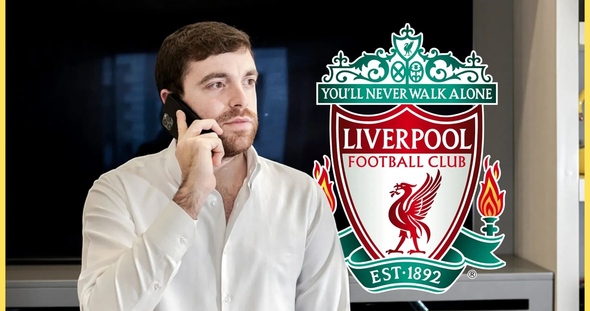 Man talking on phone with Liverpool FC logo in background Man talking on phone with Liverpool FC logo in background