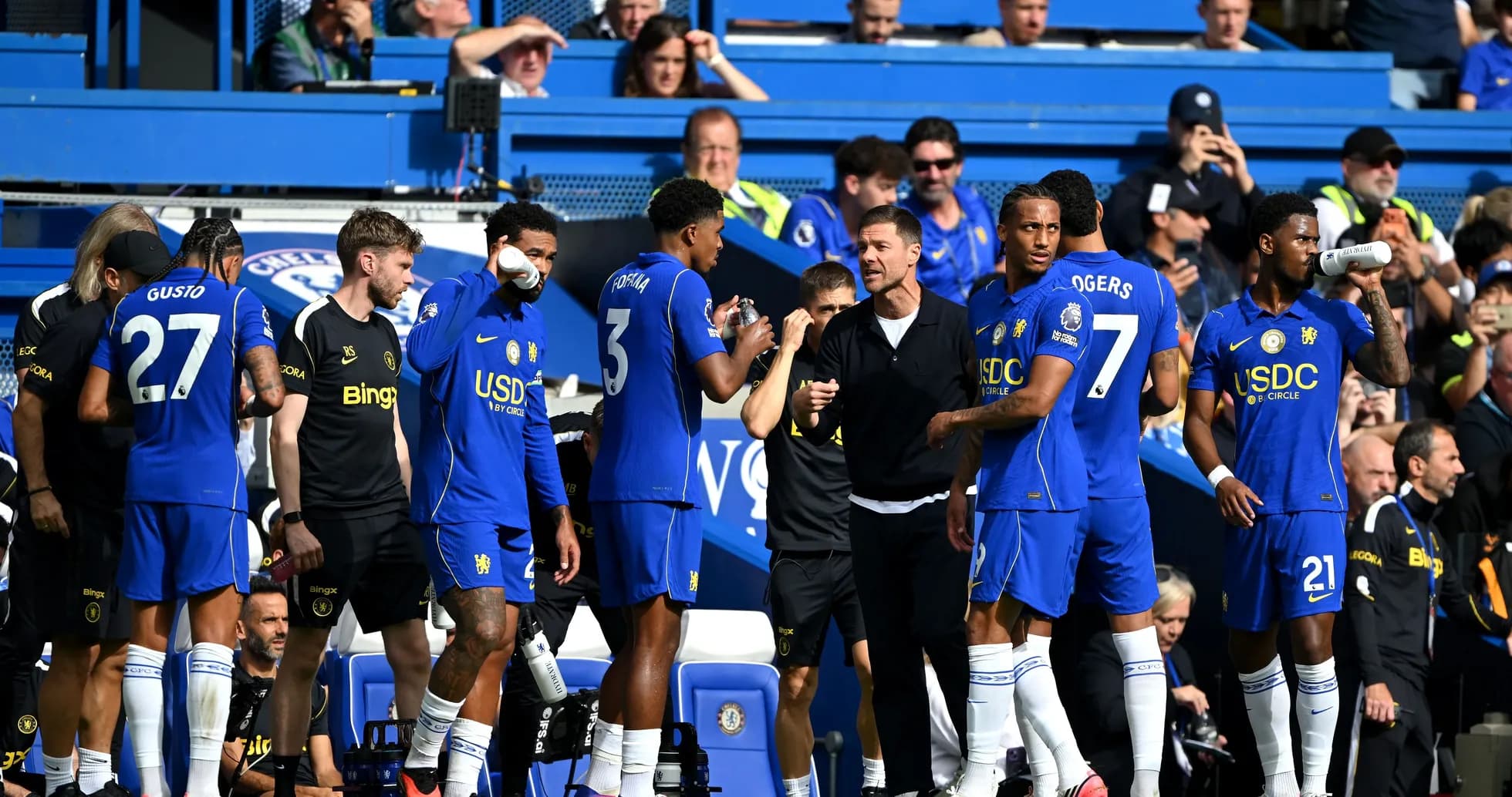 Chelsea players gathering on the sidelines during match Chelsea players gathering on the sidelines during match