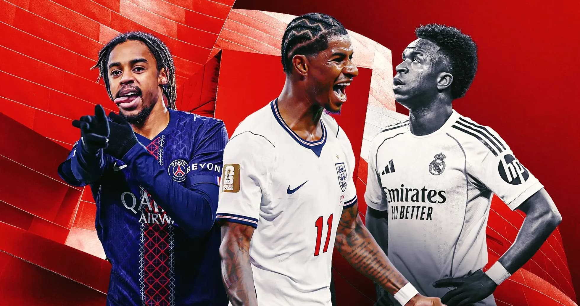 Three football players from different teams posing together Three football players from different teams posing together