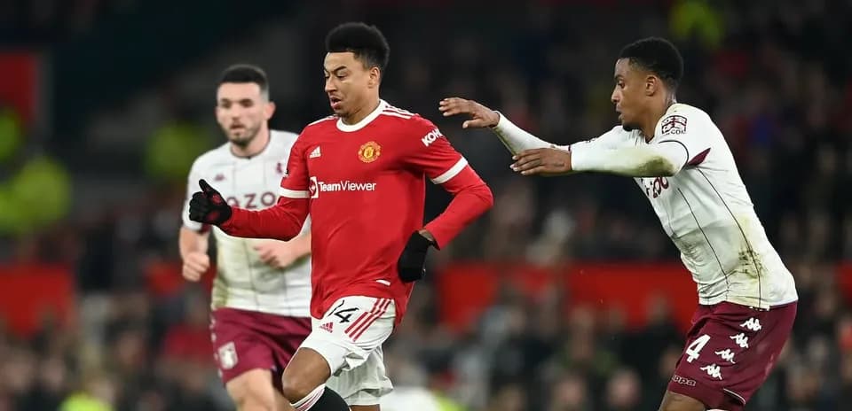Jesse Lingard dribbling past Aston Villa defenders Jesse Lingard dribbling past Aston Villa defenders