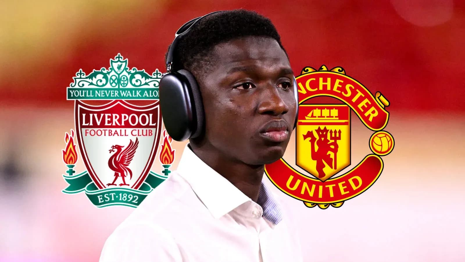 Player with headphones in front of club logos Player with headphones in front of club logos