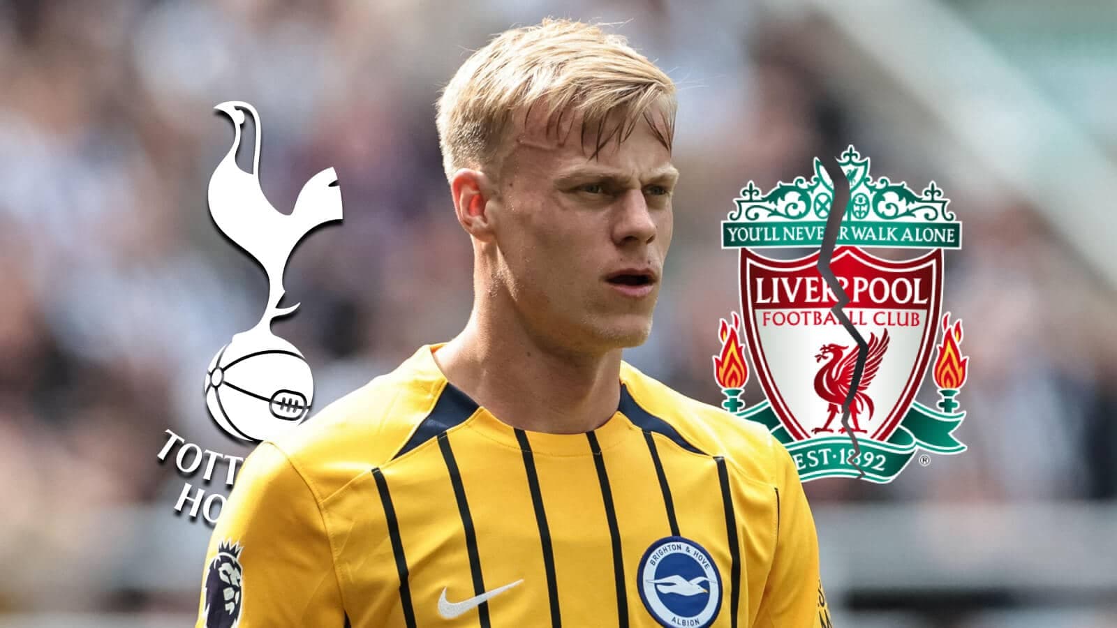 Player in yellow jersey with Tottenham and Liverpool logos Player in yellow jersey with Tottenham and Liverpool logos