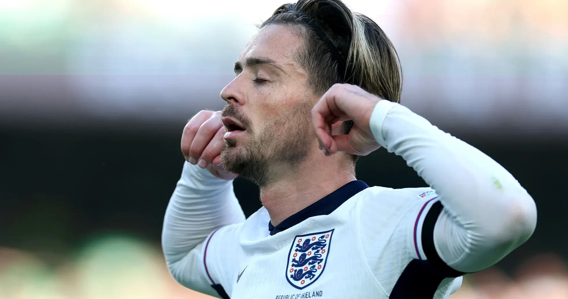 Player in England kit with closed eyes during match Player in England kit with closed eyes during match