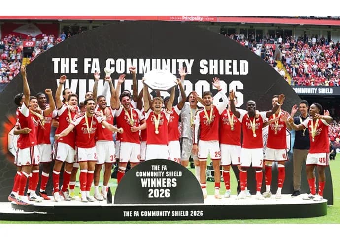 Arsenal team celebrating FA Community Shield victory Arsenal team celebrating FA Community Shield victory