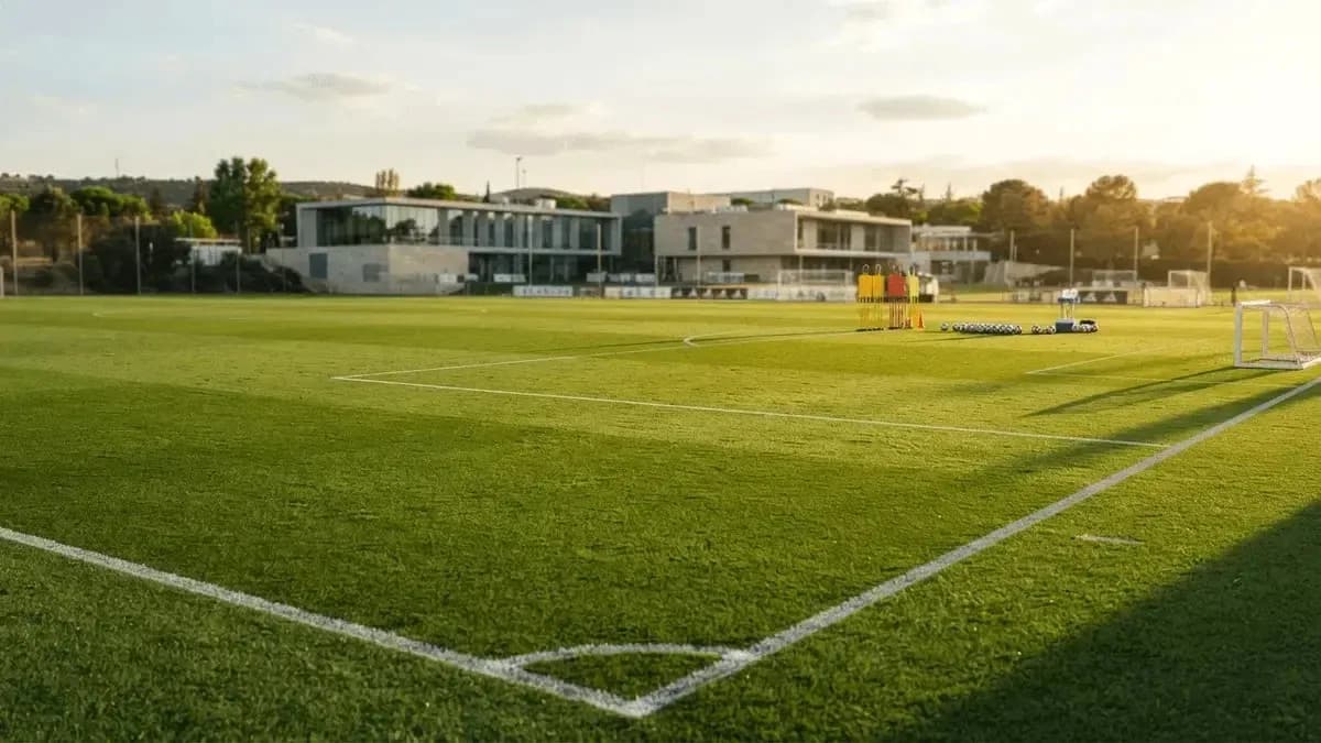 Training ground with cones and soccer balls arranged Training ground with cones and soccer balls arranged