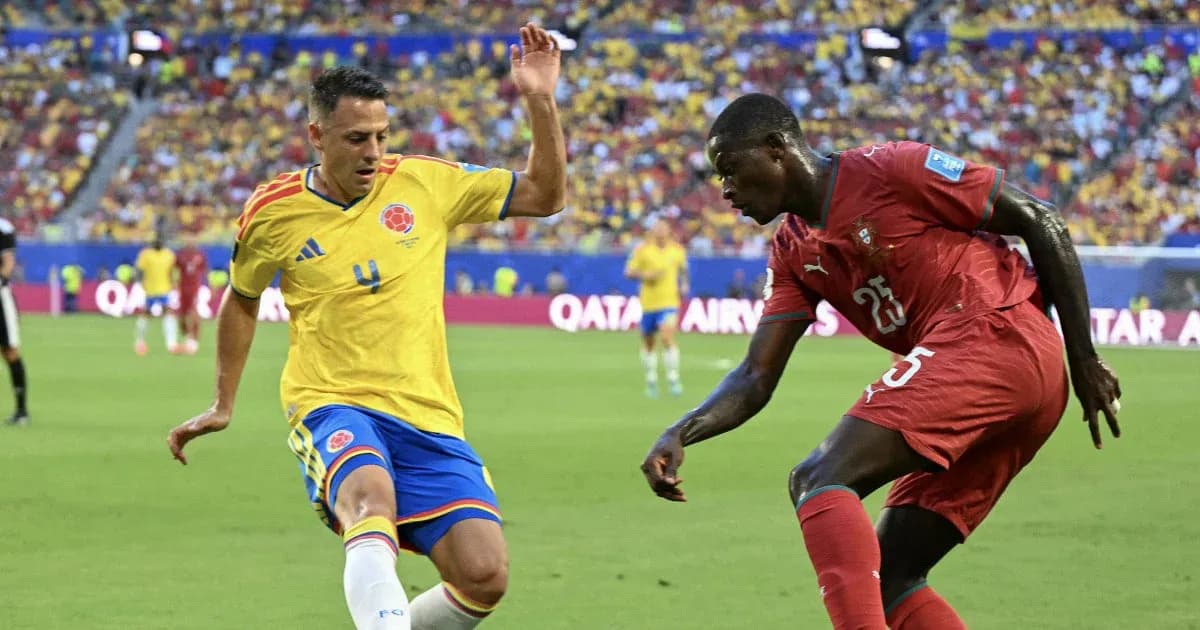 Colombian and Moroccan players contesting the ball Colombian and Moroccan players contesting the ball