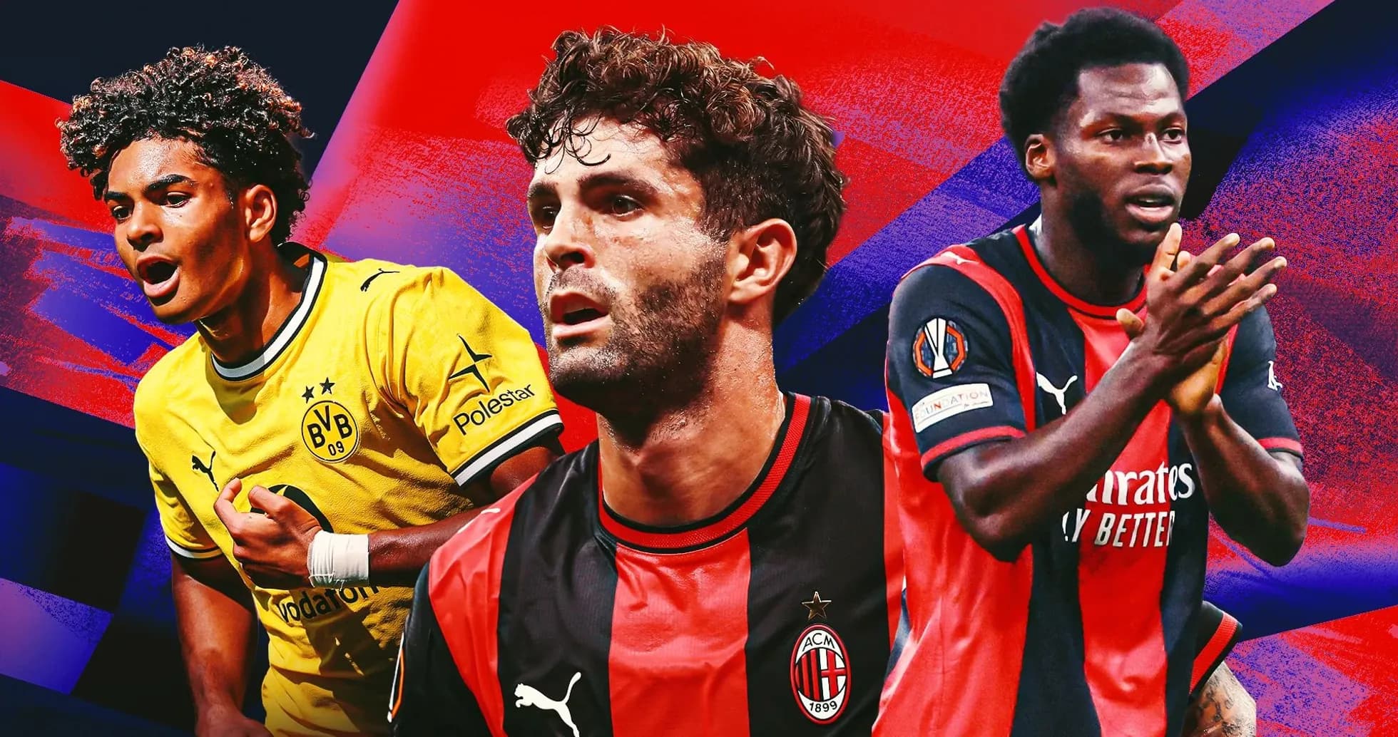 Three football players from different teams on colorful background Three football players from different teams on colorful background