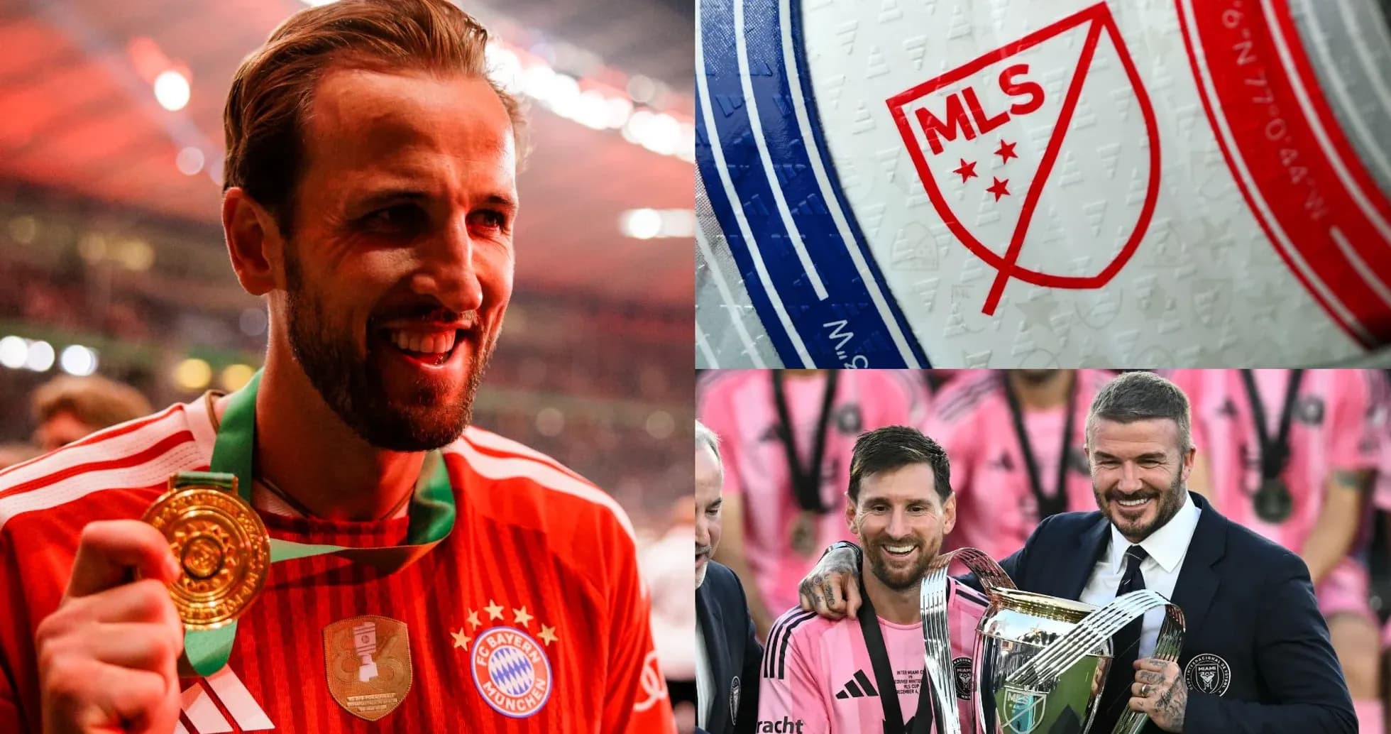 Collage featuring Harry Kane, MLS logo, Messi and Beckham Collage featuring Harry Kane, MLS logo, Messi and Beckham