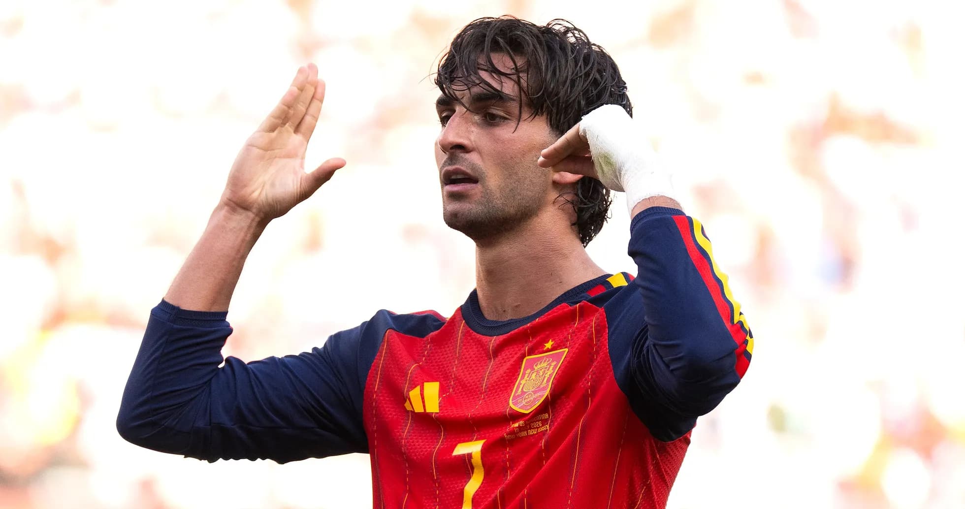 Player gesturing during match wearing Spain jersey Player gesturing during match wearing Spain jersey