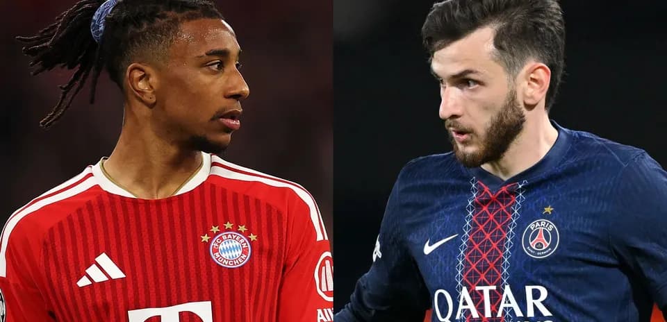 Players from Bayern Munich and Paris Saint-Germain facing each other Players from Bayern Munich and Paris Saint-Germain facing each other