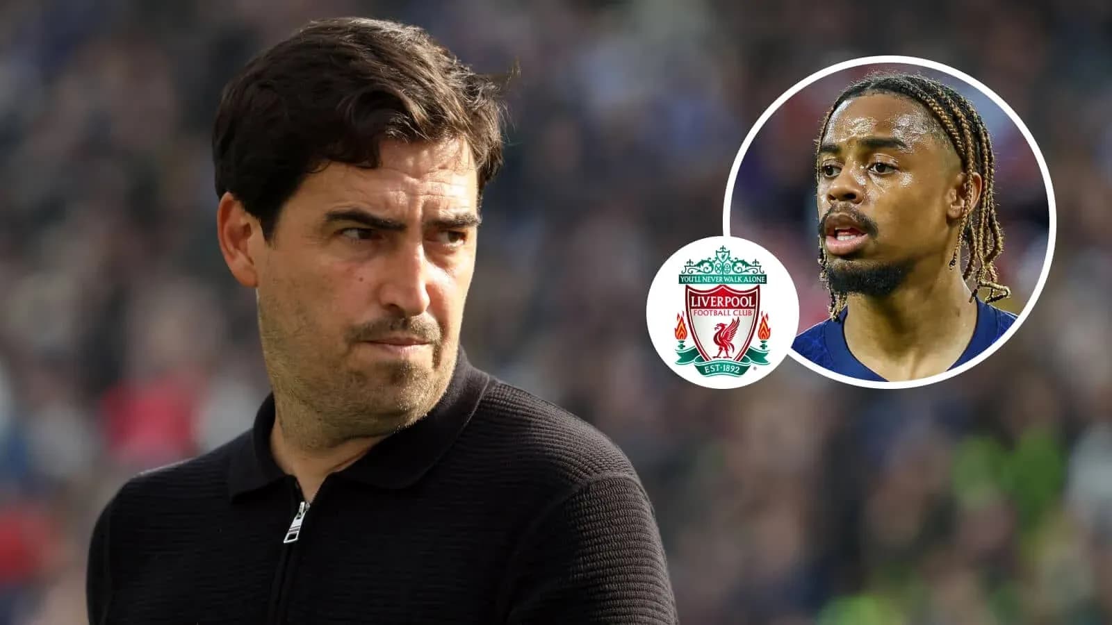 Coach observing match with Liverpool logo and player image Coach observing match with Liverpool logo and player image