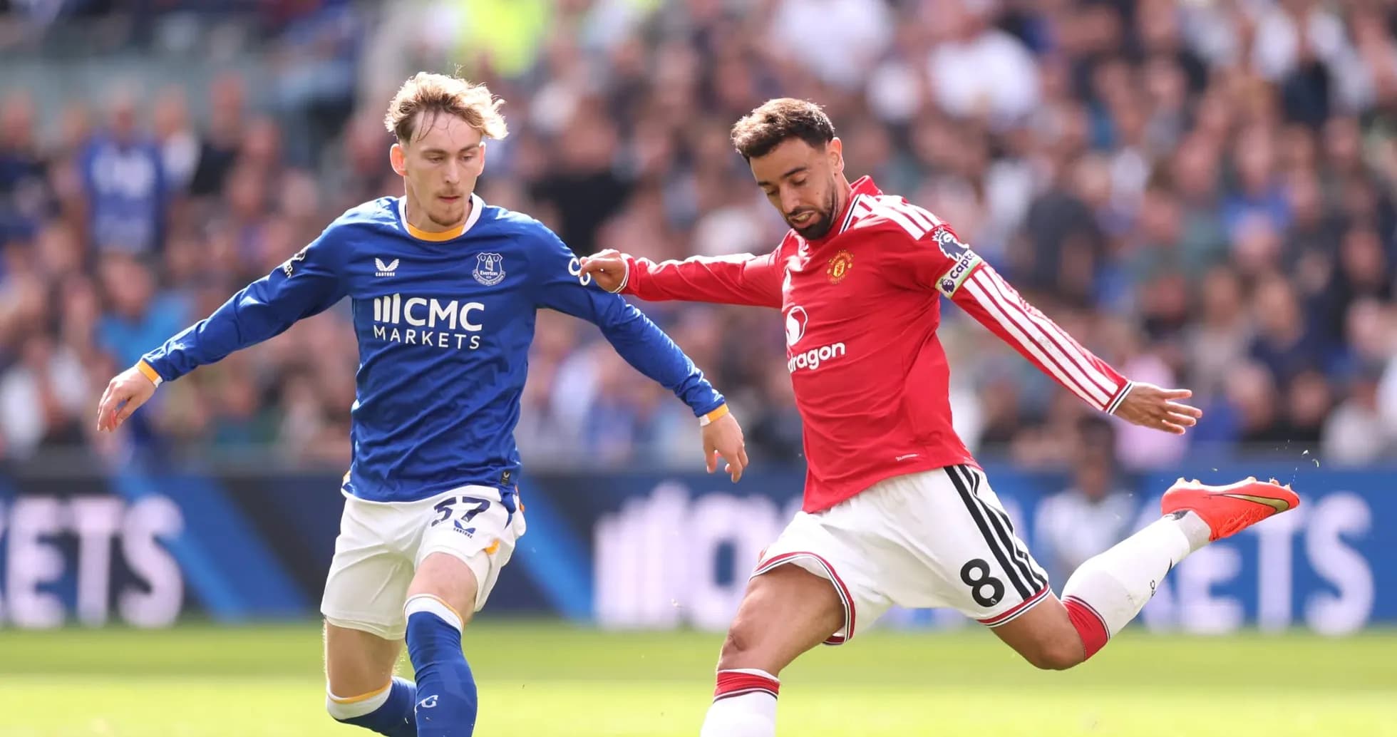 Everton and Manchester United players contesting the ball Everton and Manchester United players contesting the ball