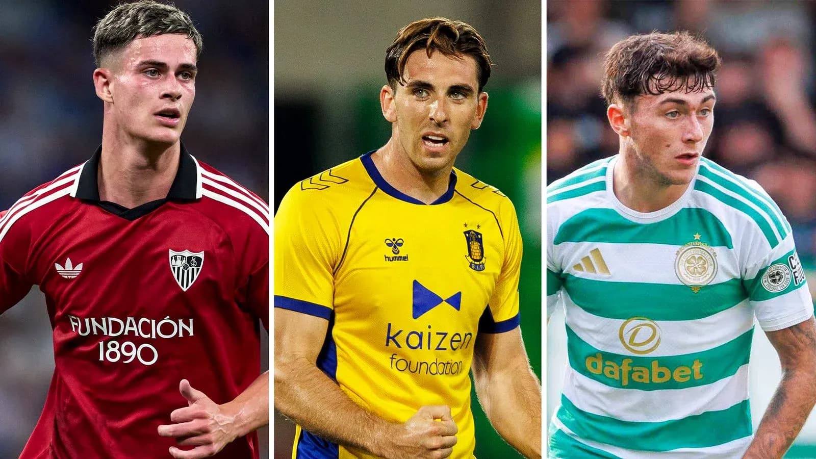 Three soccer players in different team jerseys Three soccer players in different team jerseys